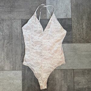 Workhall Lace Cream Bodysuit thong back criss cross straps